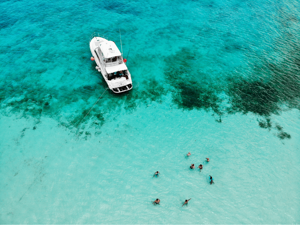 Aerial yacht over Caribbean waters